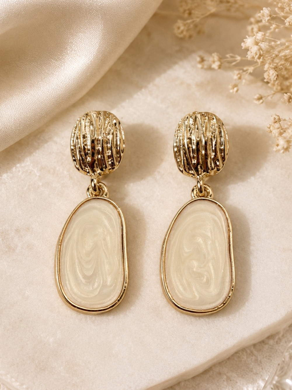 Gold and Cream Oval Drop Earrings